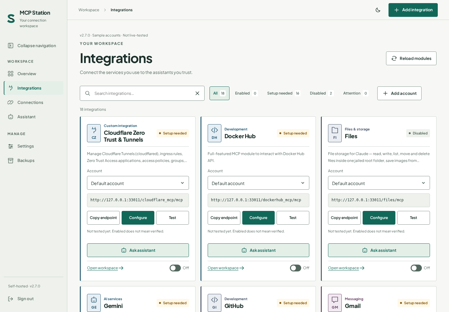 MCP Station Integrations workspace showing service accounts, their configuration status, and workspace actions using sanitized sample data.