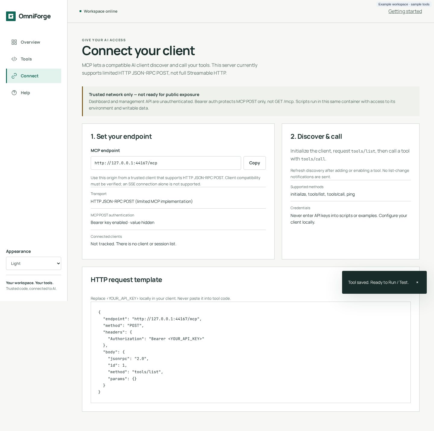 Connect screen with endpoint details, authentication status and transport limitations.