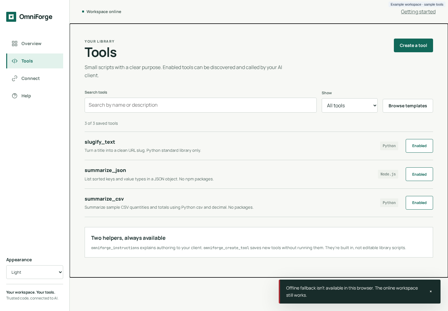 Tools library with search, runtime filters and enabled-state controls.